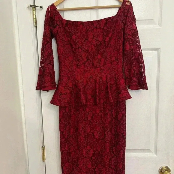 Laundry by Shelli Segal Women's Red Lace Off-the-shoulder Peplum Dress Size 4 - Picture 3 of 16
